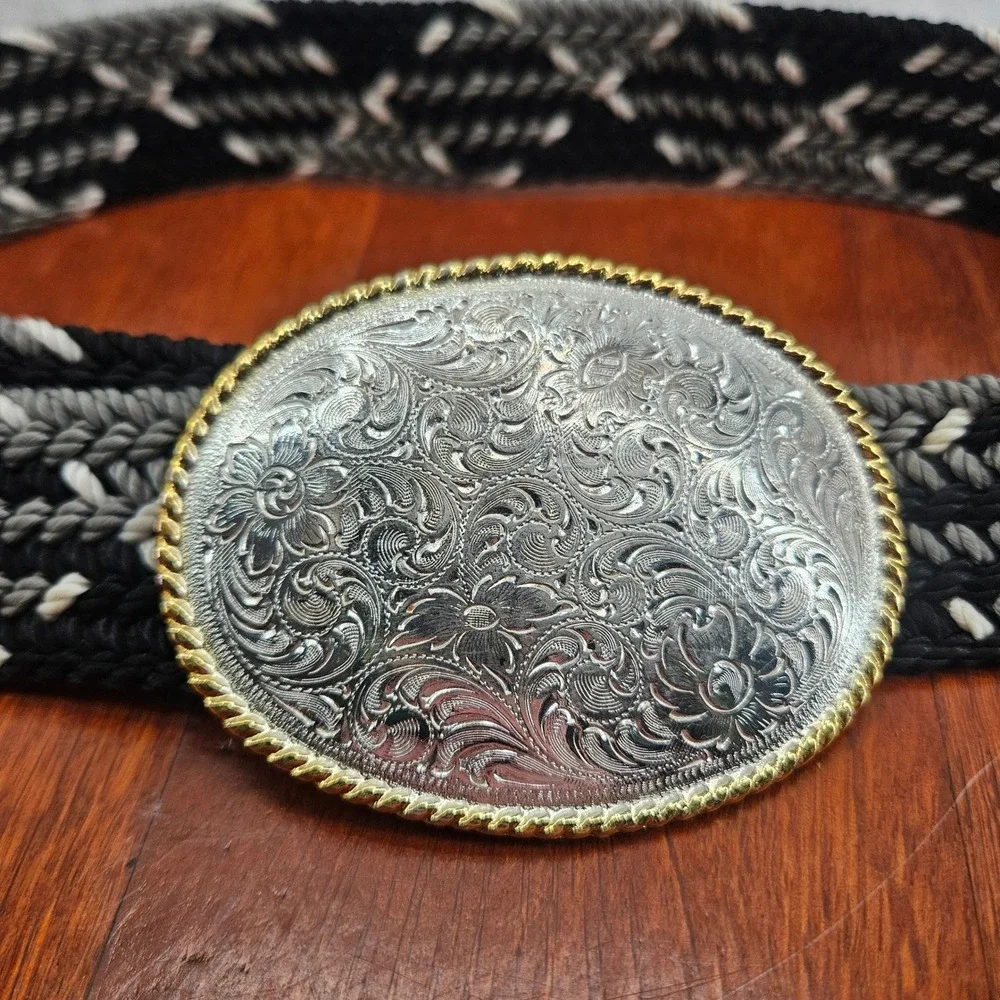 Nocona Buckles Western‎ Cowboy Belt Oval Engraved Braided Black Gray White 38